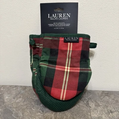 Lauren Ralph Lauren Red Green Plaid Mini Oven Mitt Set of 2 Christmas NEW - Image 1 of 4