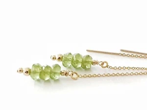 Peridot Faceted Rondelle Gold Plated Threader Drop Earrings For Birthday Party - Picture 1 of 9