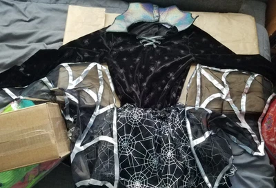 Girls Spooky Webbed Spider Witch Dress Costume Child Large Spirit Halloween NEW - Image 1 of 4