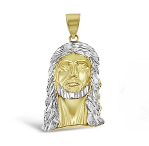 Jesus Head Pendant Mens Charm 10k Two tone Gold 1.6 inch - Picture 1 of 4