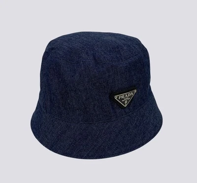 Prada Metal Triangle Logo Denim Bucket Hat Head Navy Size M - Image 1 of 4