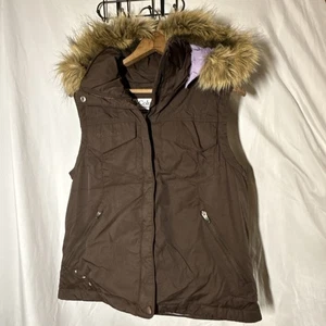 Columbia Vest Womens Medium Brown Hooded Down Puffer Faux Fur Trim Zip Up - Picture 1 of 13