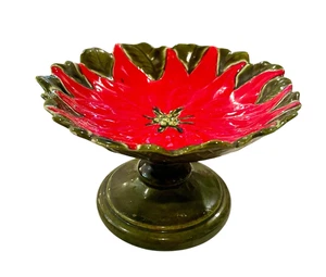 Poinsettia Pedestal Candy Soap Dish Pillar Candle Holder Christmas Trinket Green - Picture 1 of 11