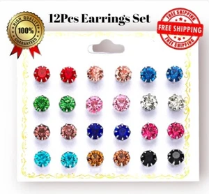 12Pcs MultiColor Round Crystal Earrings Set Stud Earrings For Women Jewelry Git - Picture 1 of 4