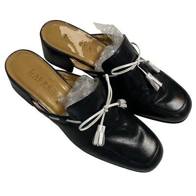 Lauren Ralph Lauren Leather Mules Slides Classic Tailored Tassel Black 8B - Image 1 of 4