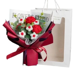 Crochet Flowers Bouquet Rose, Gift for Moms Girlfriend with Gift Bag and Light - Picture 1 of 14