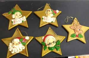 1960 Josef Originals 5 Star Ornaments Set: Santa & Mrs. Claus, Elves, Rudolph - Picture 1 of 6