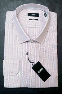 Hugo Boss Men's Jesse Slim Fit Dark Pink Striped Cotton Dress Shirt 38 15