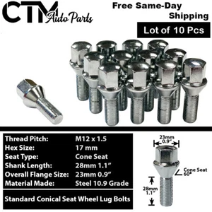 10x BMW Mini Chrome 12x1.5 Wheel Lug Bolts 28mm Shank 17mm Hex Fit E-Body Trim - Picture 1 of 5