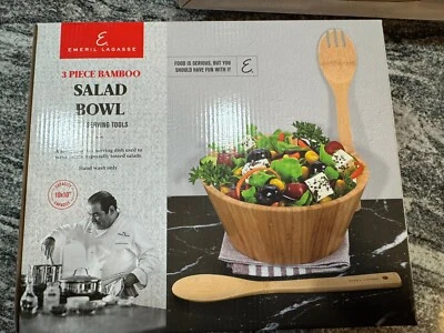 NEW! Emeril Lagasse 3 Piece Bamboo Salad Bowl Serving Set, Cooking Spoon - Image 1 of 3