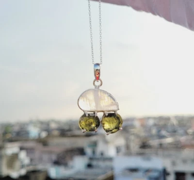 Blue Fire Moonstone Pendant Natural Moldavite Pendant  925 Silver Dainty Pendant - Image 1 of 4