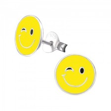 Childrens Boys Girls Winking Emoji Studs 925 Sterling Silver Earrings - Boxed