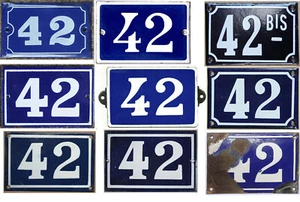 Old blue French house number 42 door gate wall plate steel enamel sign - pick - Picture 1 of 10