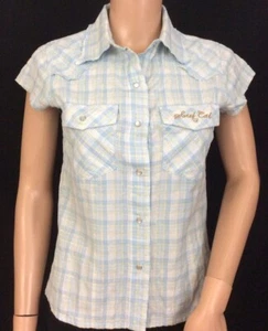Soulcal Ladies Pale Blue / Yellow Check Cap Sleeve Shirt Size 8 BNWOT - Picture 1 of 6