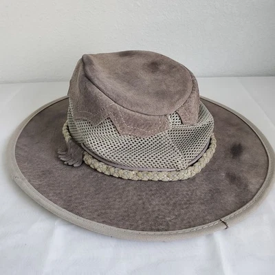 Sombrero para el sol Monterey Bay Sirocco gamuza gris cuerda cuero aplastable hecho a mano Foto 1 de 4