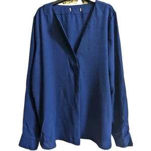 M&S (Marks & Spencer) Dark Blue Crepe Popover V-neck Long Sleeved Blouse 12 - Picture 1 of 3