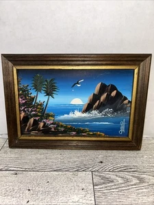 Vintage signiertes Original Öl auf Karton gerahmtes Gemälde Meereslandschaft 4,5" x 6,5" - Bild 1 von 14