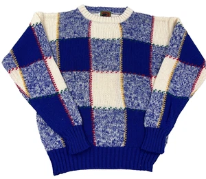 Vintage Grandpa Sweater Men Large Blue White Wool Knit Check Plaid 90s Chunky - Picture 1 of 9