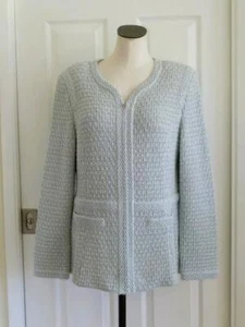 Stunning ST JOHN COUTURE Light Blue Ribbon Crochet Tweed Knit Zip Jacket 16 14 - Picture 1 of 17