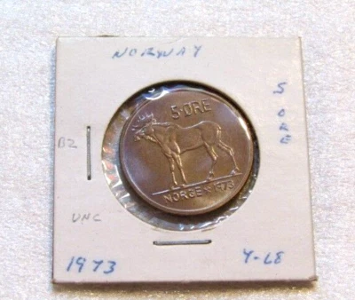 1973 Norway 5 Ore Bronze unc Coin Elk - Image 1 of 4