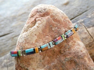 Colorful Multi Gemstone & Opal Sterling Silver 925 Hinged 7.50" Bracelet AG87 - Picture 1 of 10