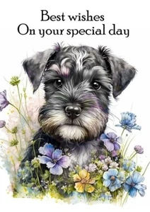 SCHNAUZER CUTE DOG WITH FLOWERS DOG GREAT BIRTHDAY GREETINGS NOTE CARD - Picture 1 of 1
