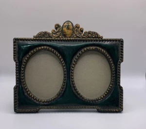 Marco de fotos doble ovalado ornamentado verde y dorado de colección - Imagen 1 de 7