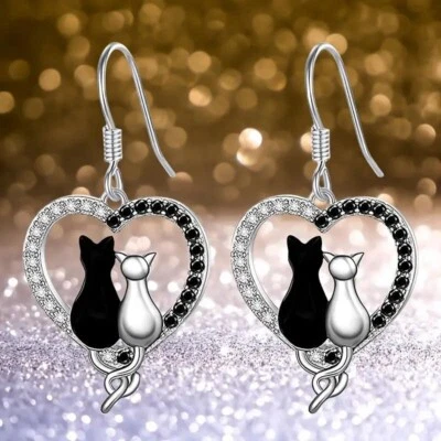 Fashiona Women Black White Cat Love Heart Shape Pendant Earrings Unique Gift New - Image 1 of 4