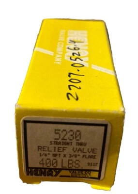 Henry Valve Co 5230 Straight Thru Relief Valve 1/4" x 3/8” Flare 400 Psi.     F7 - Image 1 of 2