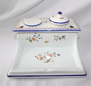 French Faience Hand Painted Stand, Inkwell, Cover, & Sander Vintage Floral Motif - Picture 1 of 24