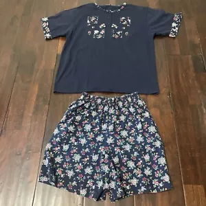Vintage New Look Pajama Set Women’s Medium Navy Floral Shorts - Picture 1 of 10