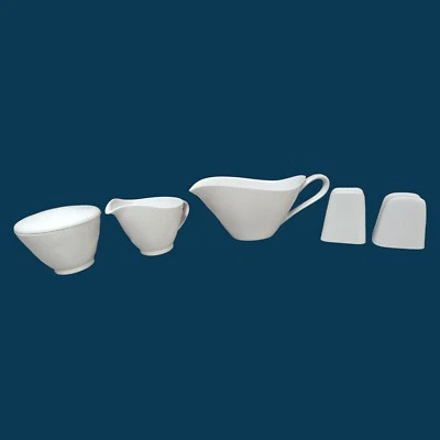 Vintage White Cream and Sugar w/Lid, Gravey & Shakers MId-Century Modern Plastic - Image 1 of 4