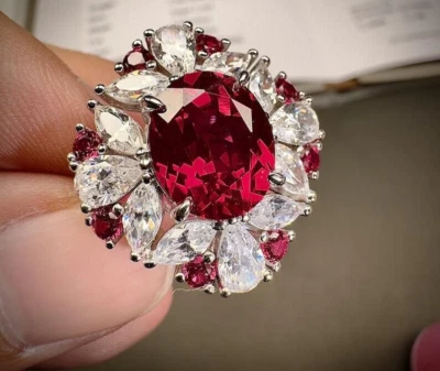 935 Argentium 银色带 4.32 TCW 红色红宝石和白色蓝宝石女式花卉戒指 — 第 1/4 张图片
