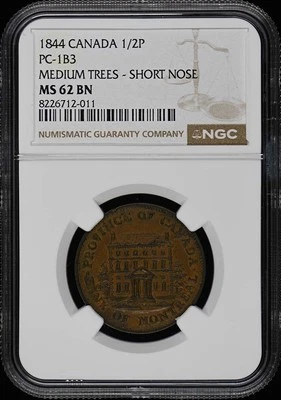 1844 CANADA PC-1B3 1/2P NGC MS62BN Bank of Montreal Half Penny - Image 1 of 2