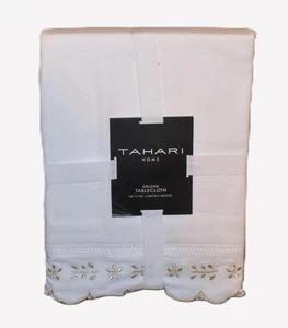 TAHARI Winter White Scallop Border TABLECLOTH Oblong 60" X 104" Gold Metallic - Picture 1 of 5