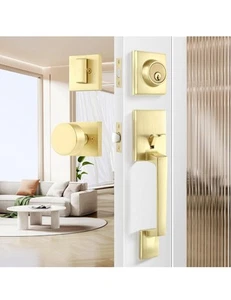 Gold Front Door Lock Knob and Deadbolt Set, Keyed Different Entry Handleset E... - Picture 1 of 3