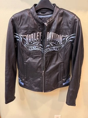 Harley Davidson Women’s Selene Black Leather Jacket Blue Tribal Embroidery M - Image 1 of 4