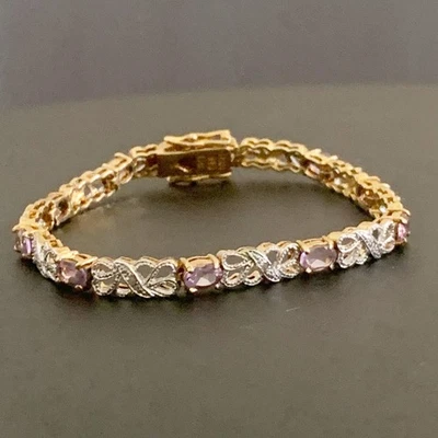 Brazalete Tenis Vintage Oro Sobre Plata Esterlina Vermeil Amatista Diamante Talla 7 Foto 1 de 4