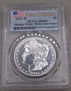 Dólar de plata Morgan 2021 graduación profesional MS69 First Strike 100 años Anversario - Imagen 1 de 5