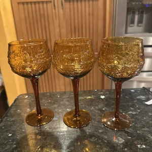 Vintage Amber Glass Wine Glasses Goblets Set of 3 Harvest Pressed Pattern - Picture 1 of 8