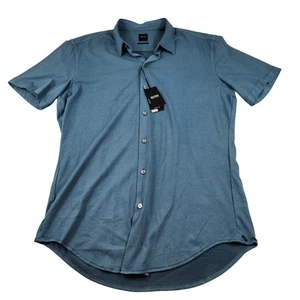 BOSS Hugo Boss Shirt Mens Large Teal Sharp Fit Jersey Button Short Sleeve - Picture 1 of 10
