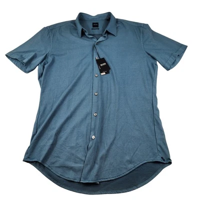 BOSS Hugo Boss Shirt Mens Large Teal Sharp Fit Jersey Button Short Sleeve - Image 1 of 4