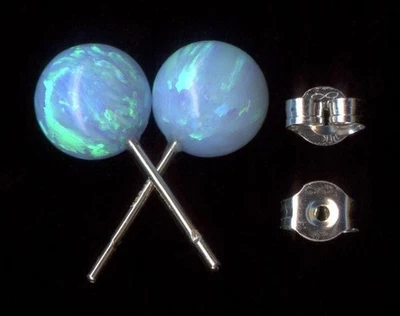 New 14K Solid White Gold 6mm Bead Round Blue Lab-Created Fire Opal Earrings #fz - Image 1 of 4