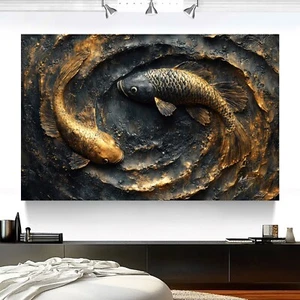 Leinwandbild Abstrakt Fische Schwarz Gold Metall Optik 3D Tierbild Wandbild 6463 - Bild 1 von 7