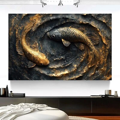Leinwandbild Abstrakt Fische Schwarz Gold Metall Optik 3D Tierbild Wandbild 6463 - Bild 1 von 4
