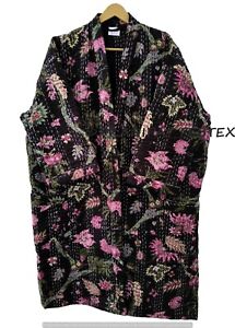 Floral Print Black Mid-Length Cotton Kantha Quilt Jacket Woman's Winterwear coat