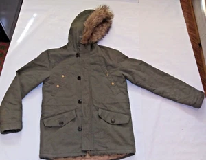 Merona Men's Jacket Coat S Winter Quilted Fur Trimm Hoodie Army Green Pockets - Picture 1 of 11