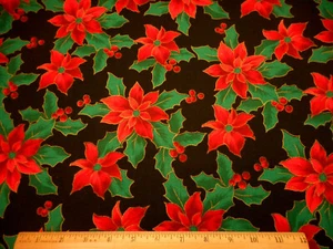 Christmas Fabric By Half-Yard Red Poinsettias Holly Metallic Black Cotton #42 C - Picture 1 of 2
