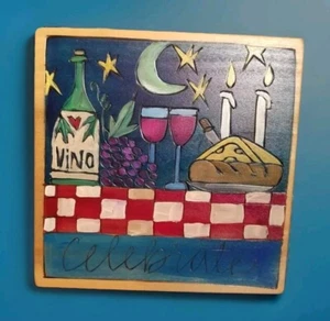 STICKS SARAH GRANT Handmade Wood Wall Plaque "Celebrate"- Wine & Food on Patio - Picture 1 of 18