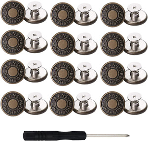 12pcs 17mm No Sewing Jeans Buttons Replacement Kit, Nailess Removable Metal and